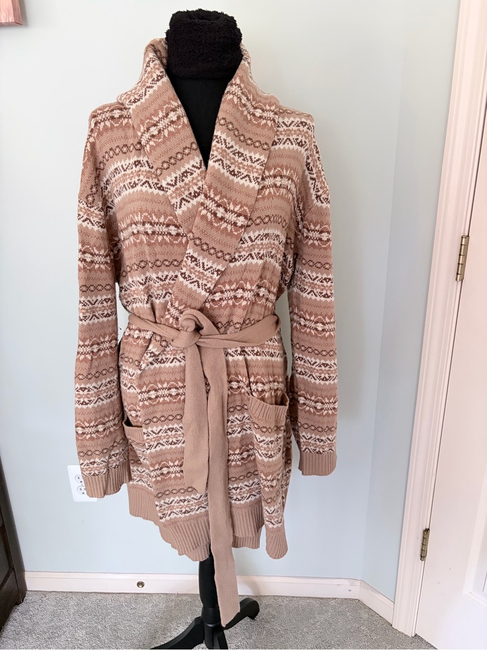 Ralph Lauren Beige Patterned Belted Shawl Collar Women’s Sweater